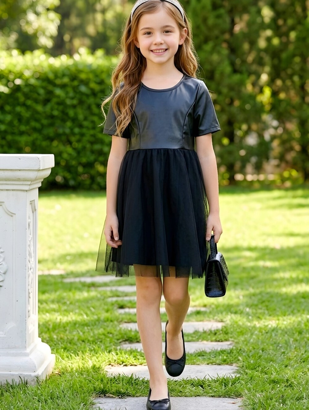 Fabkids Black Vegan Leather Tulle Party Dress Pink Zip Fit Flare Girls Party L